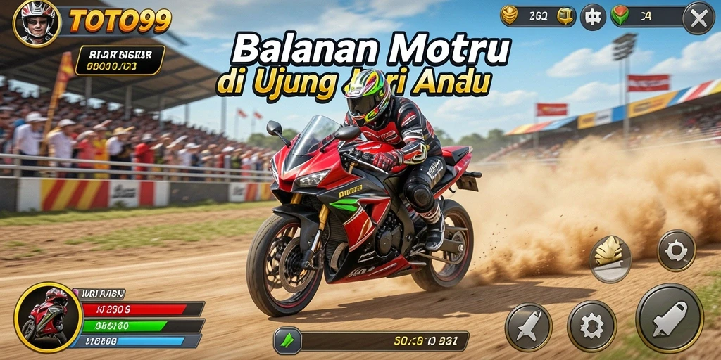Tangkapan layar gameplay TOTO99 menampilkan aksi balapan motor yang menegangkan.